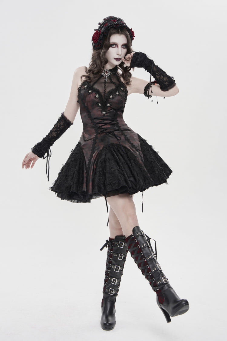 Crimson & Noir Off-Shoulder Strapless Lace-Up Pleated Gothic Gown with Embroidered Trim