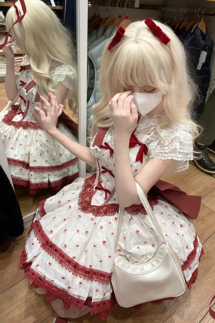 Burgundy First Love Rose Layered Print Ruffle Bow Lace Sweet Lolita JSK Dress Set
