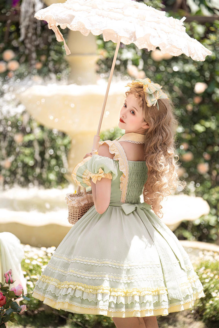 Emerald Short Sleeve Tulip Print Ruffle Bow Sweet Lolita Dress
