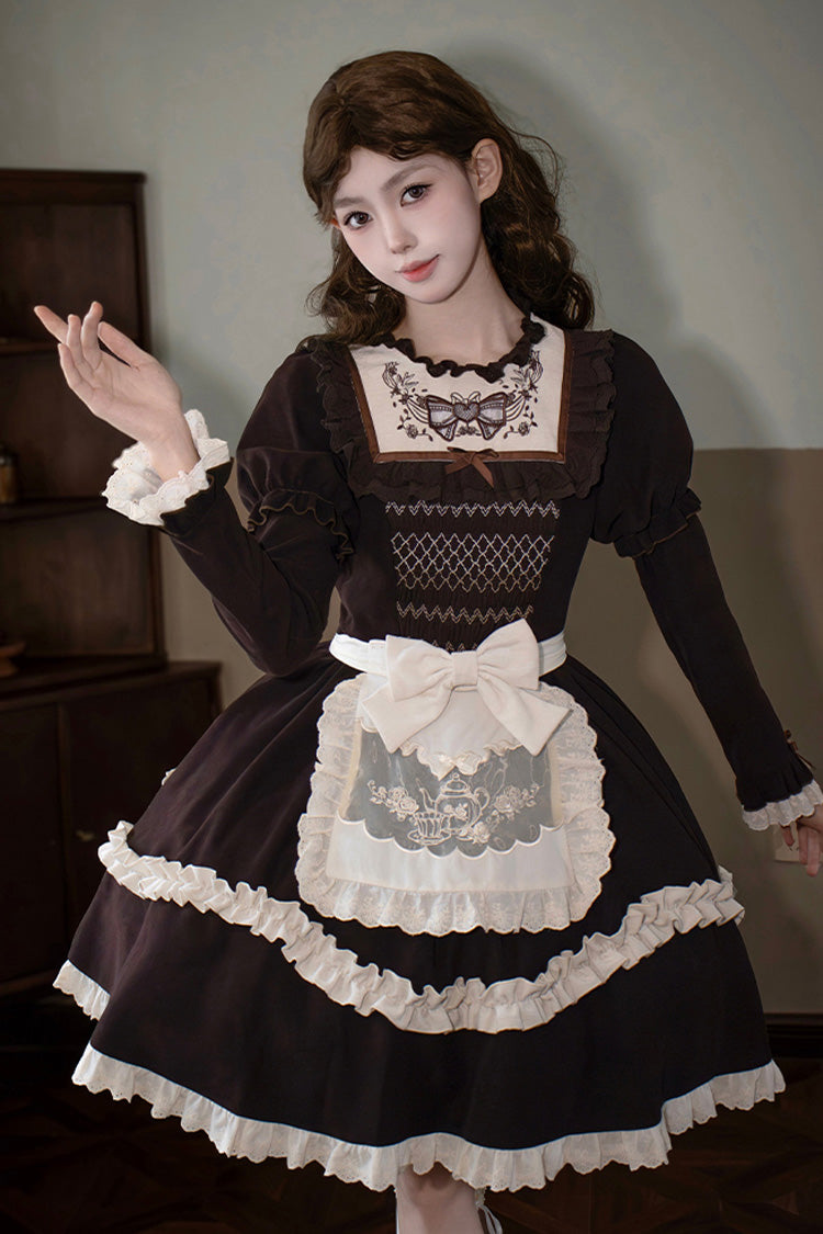 Chocolate Double Layer Ruffle Bow Embroidered Short Lolita Dress - Miss Brown