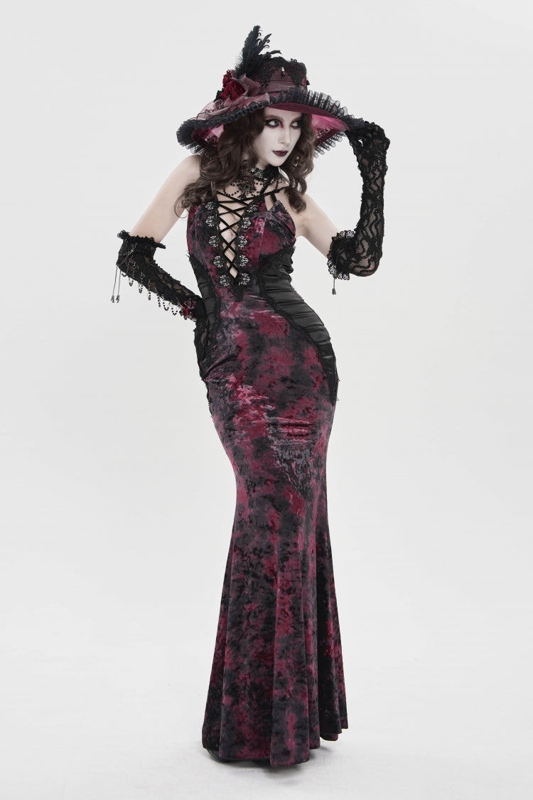 Crimson & Noir Halter Neck Printed Hanayome Lace-Up Fitted Pleated Gothic JSK Dress