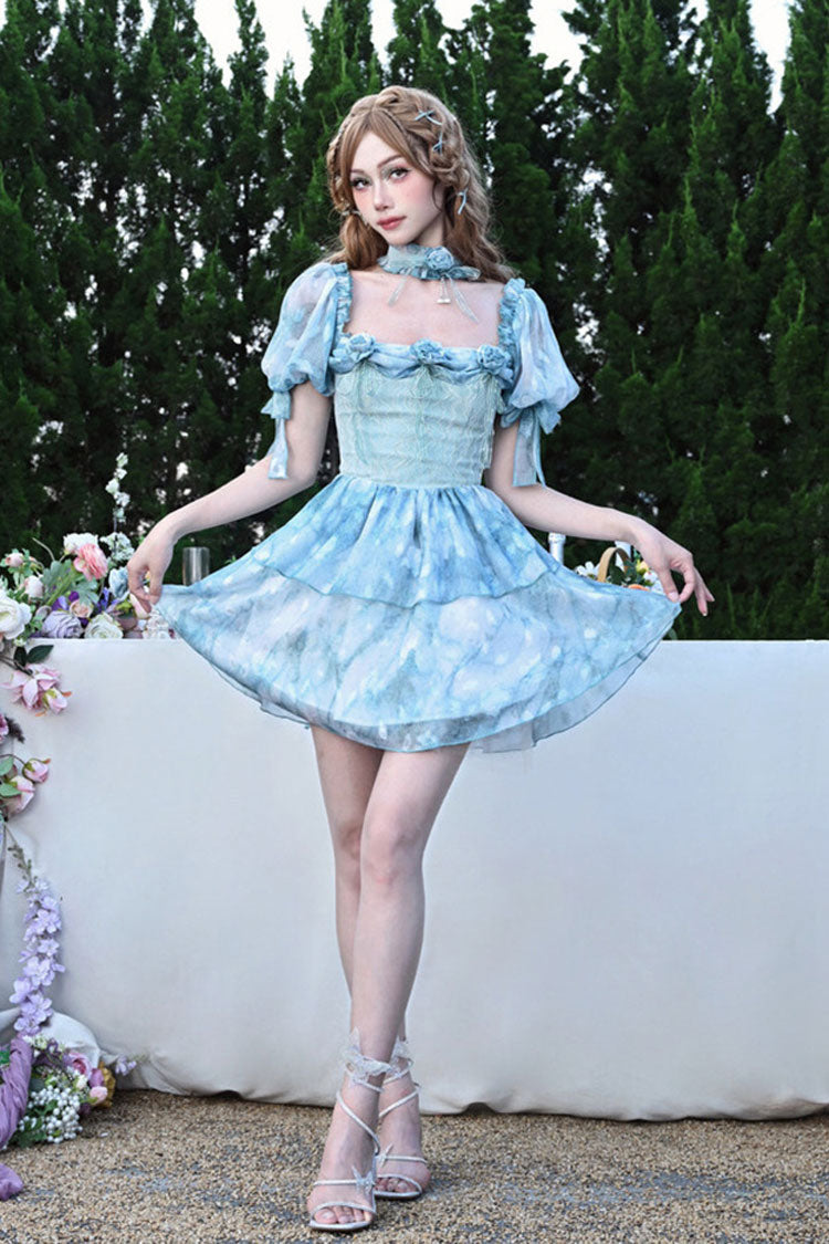 Azure Square Neck Short Puff Sleeve Multi-Layer Print Ruffle Tie-Dye Princess Lolita