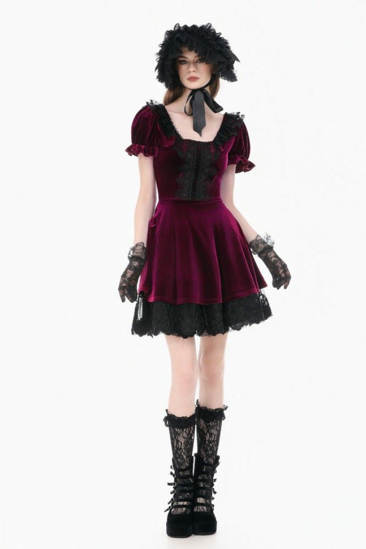 Burgundy Square Collar Short Puff Sleeve Velvet Patchwork Lace Lace-Up Gothic Dress