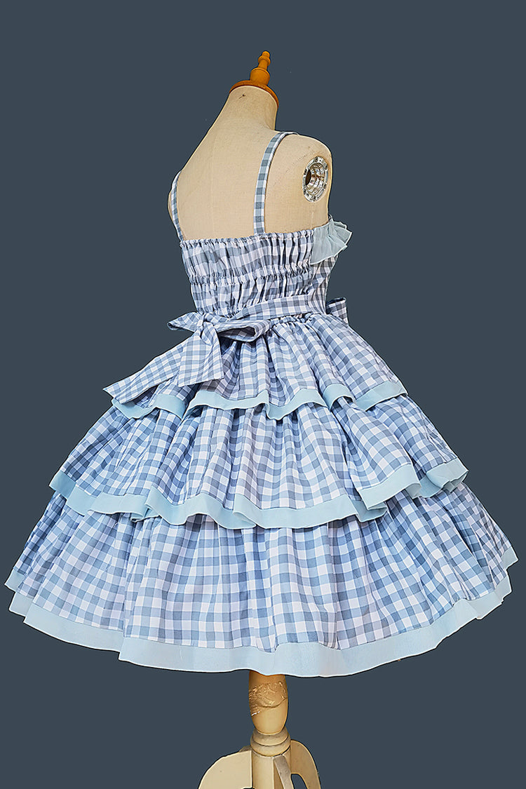 Triple-Layered Tartan Bow-Adorned Sweet Princess Gown with Ruffles - Cloth Cat