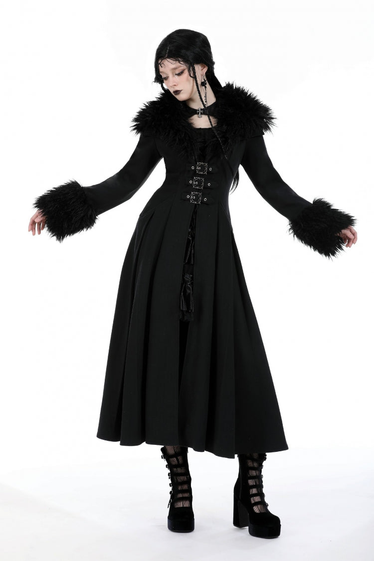 Gothic Draped Coat with Buckle Lace-Up, Faux Fur Collar, and Extended Sleeves