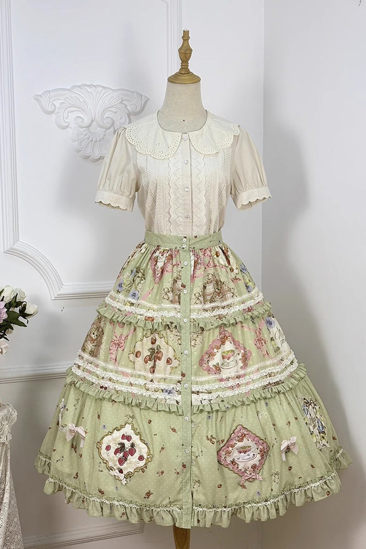 Emerald Cat Rose Tea Printed Ruffle Sweet Gorgeous Lolita Skirt