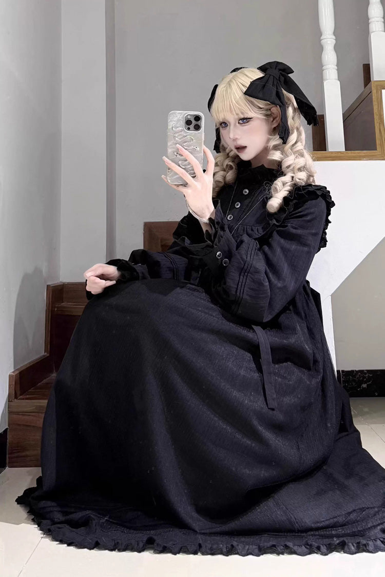 Gothic Nightgown with Ruffle Bow and Lace Trim, Long-Sleeve Sleepwear