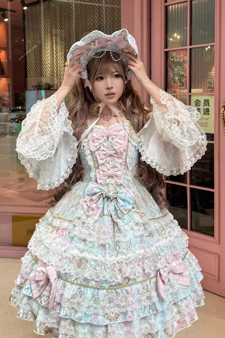 Long Flared Sleeves Multi-Ruffle Bow Lace Elegant Gown - Candlelight Elegance