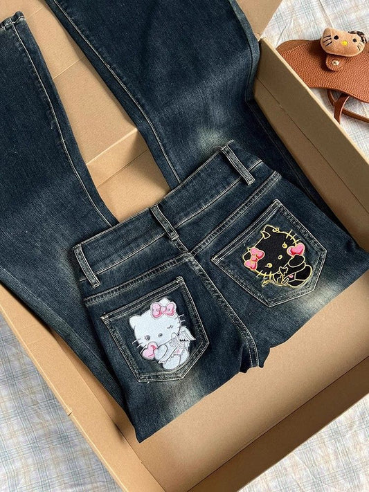 Vintage Kitty Embroidered Denim Pants