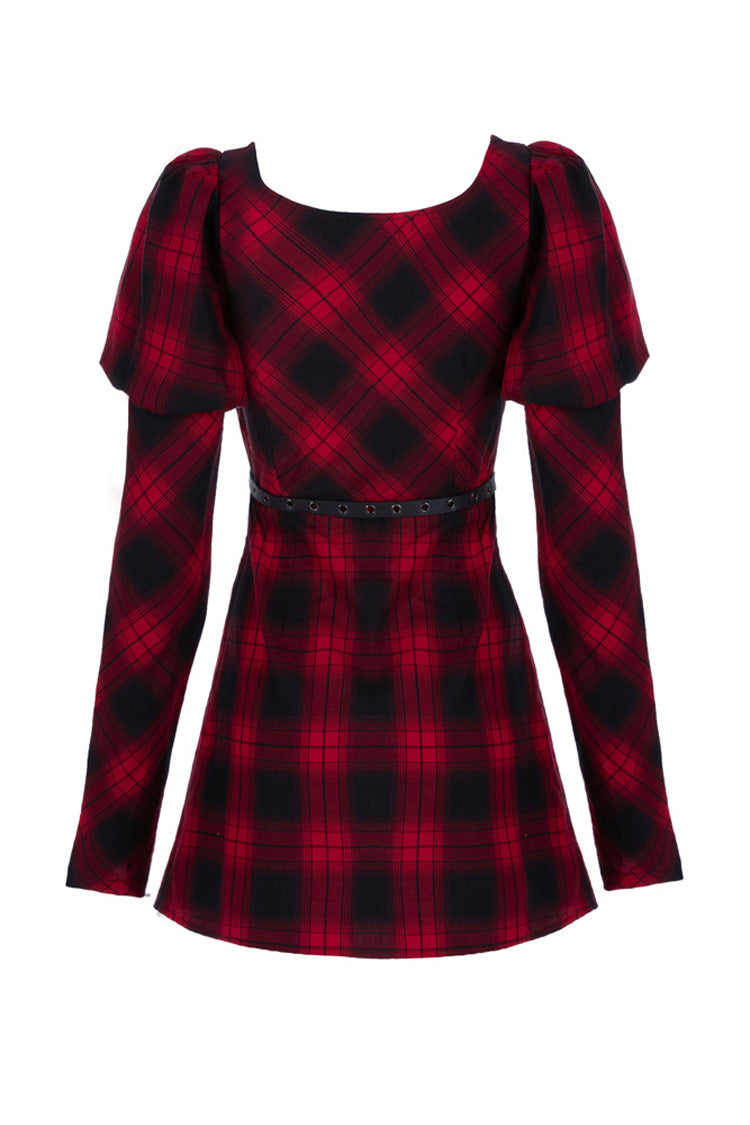 Crimson Noir Lattice High-Waist Belted Steampunk Dress with Long Sleeves