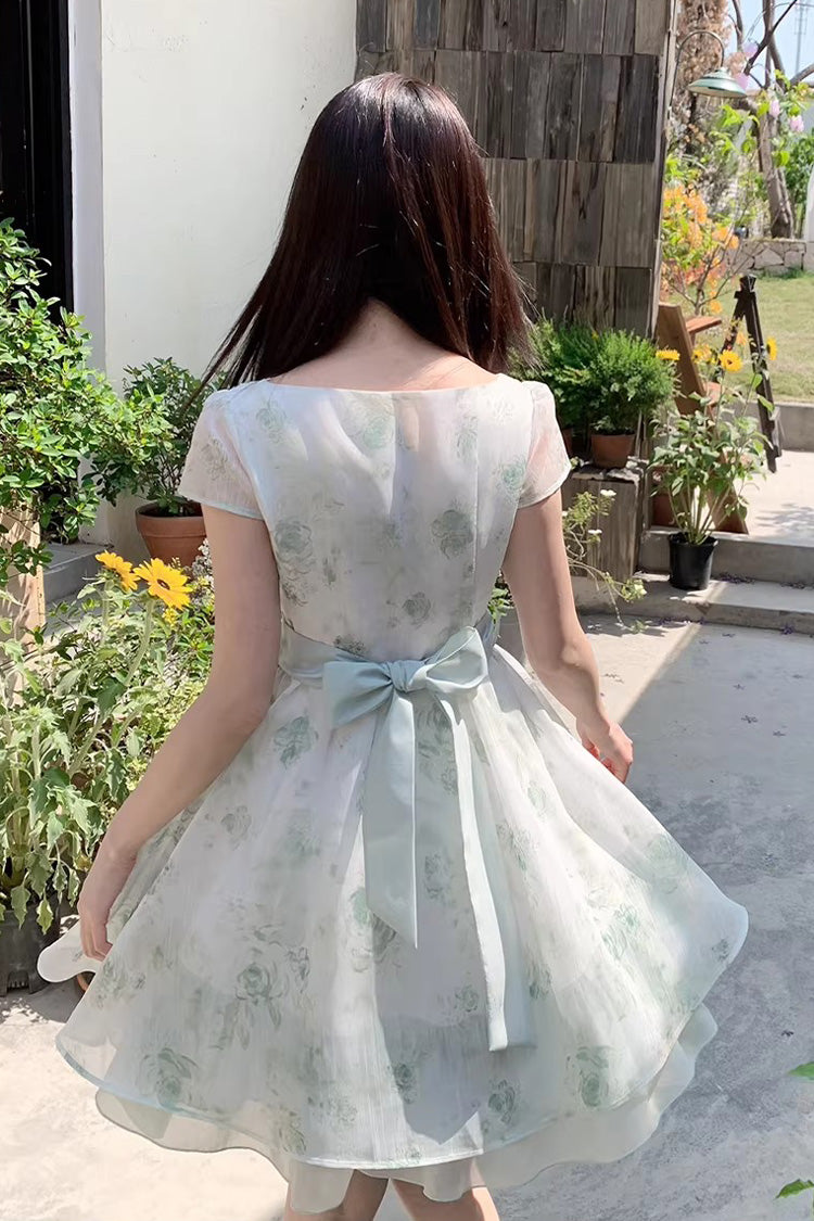 Emerald Short Sleeve Floral Print Bow Lace Sweet Princess Lolita Dress