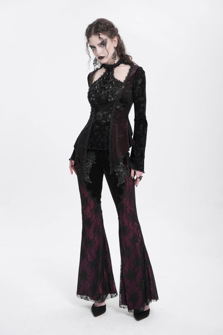 Crimson Gothic Blouse with Jacquard Cutout and Trumpet Sleeves