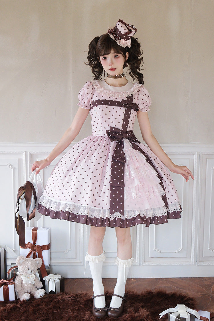 Canelé Gift Box Round Collar Short-Sleeve Polka Dot Ruffle Open Bow Asymmetric Lolita Dress