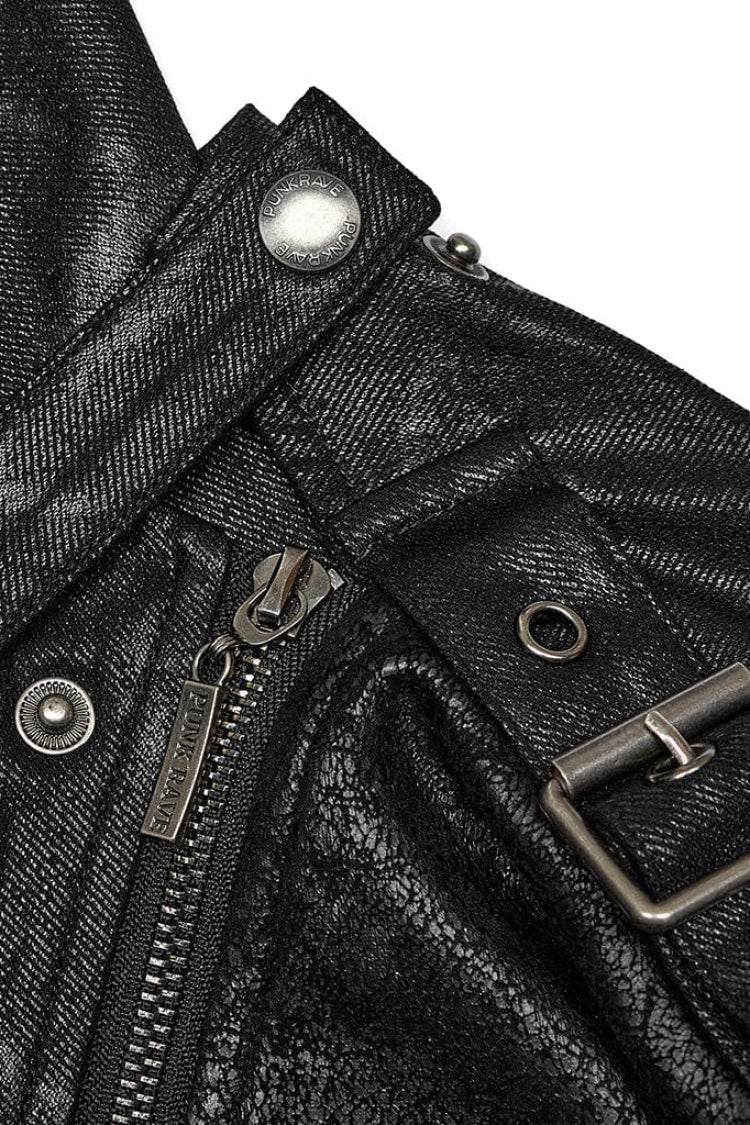 Men's Steampunk Coat with Crackled Mesh, Hollow Stitching and Hood