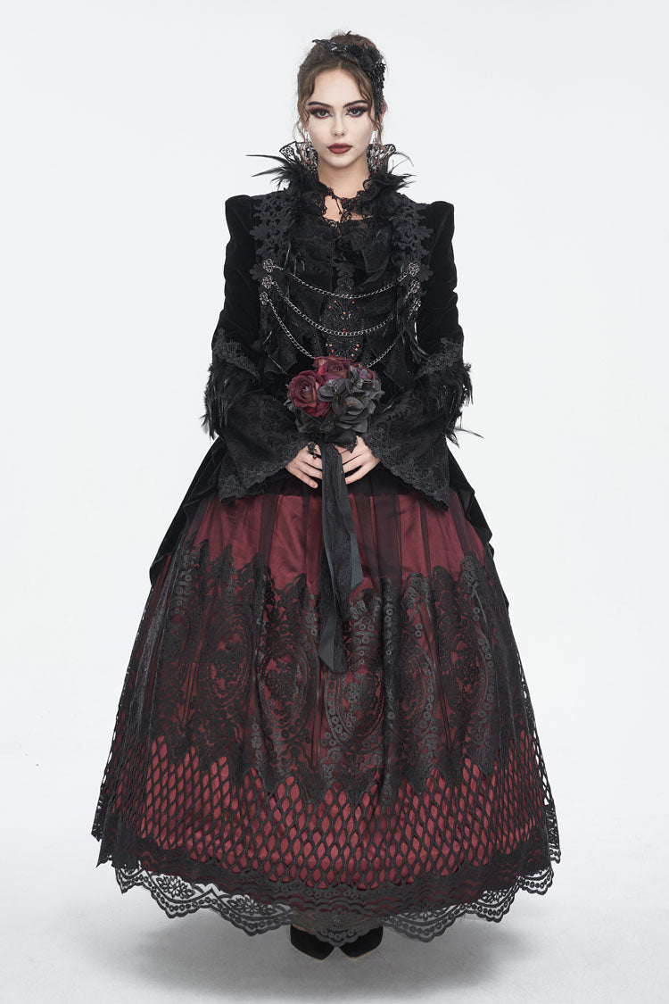 Crimson Gothic Dress with High Waist and Floral Lace Print