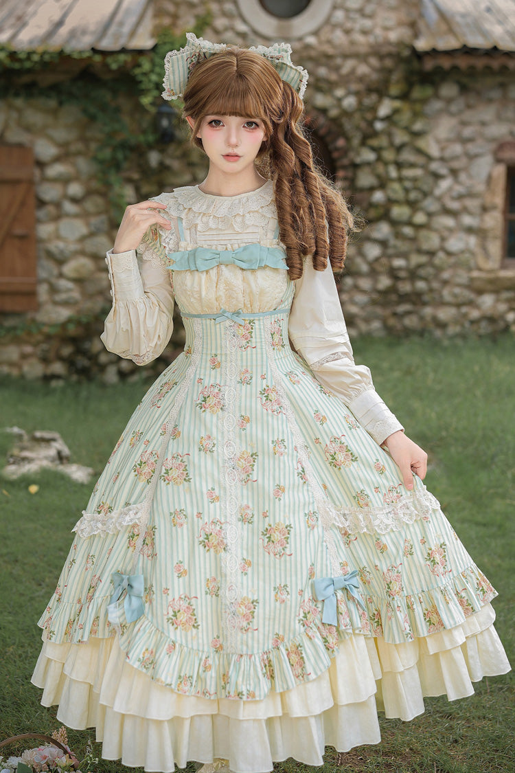 Emerald An Encounter with Austin Square Collar Short Sleeve Multi Rose Printed Ruffled Bow Lace Sweet Lolita Gown