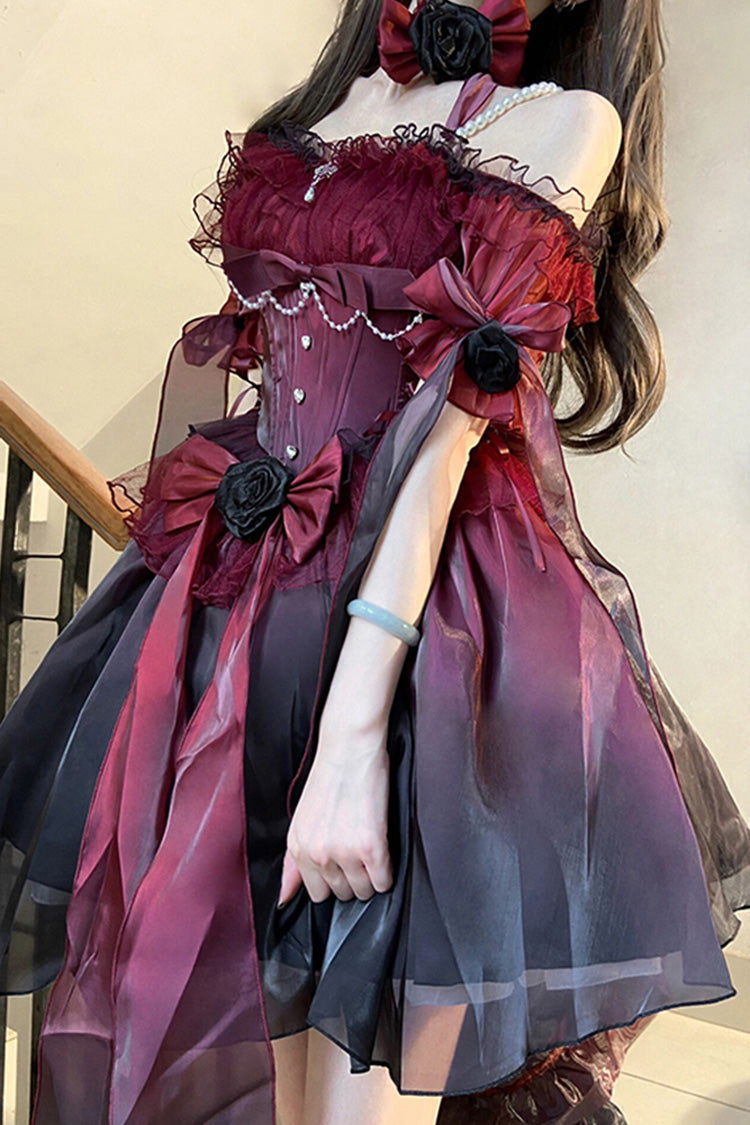 Burgundy Midsummer Dream Short Sleeve Ruffle Hanayome Off-Shoulder Gothic Mini Lolita Dress