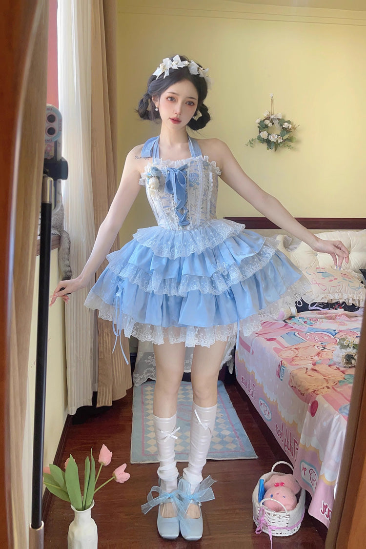 Sweet Lolita Jsk Skirt Set with Ballet Style Fishbone Lace Ruffle Bowknot in 2 Colors