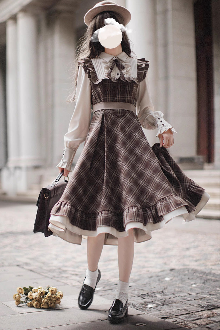 Vintage College Style Lolita Dress with Ruffle Sleeves and Print
