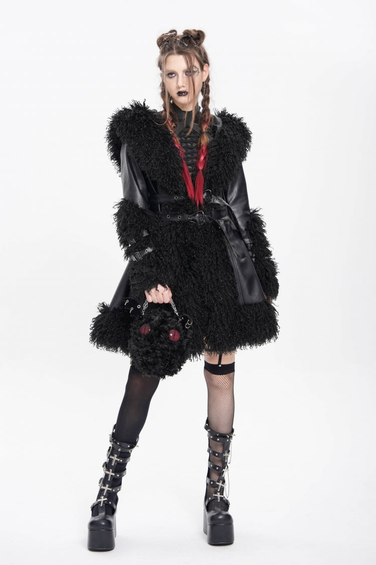 Women's Punk Coat with Plush Stitching, Buckle Straps and Hood, Long Sleeve