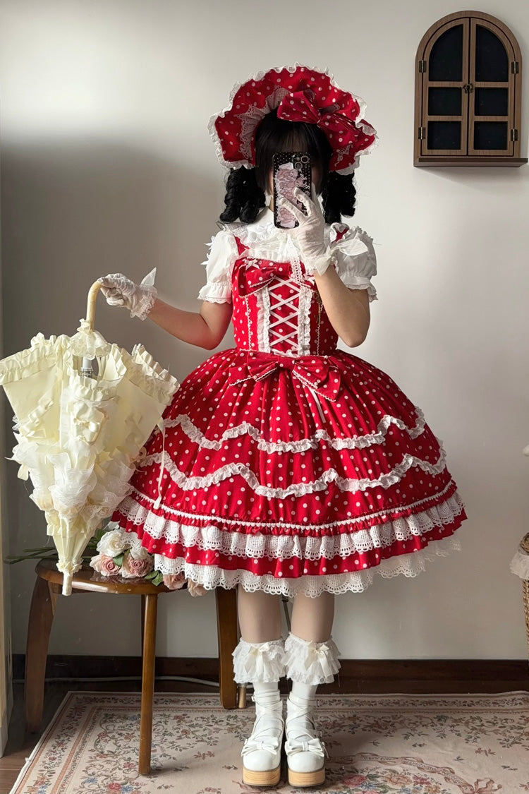 Ruby Polka Dot Ruffle Dress with Corset Lacing