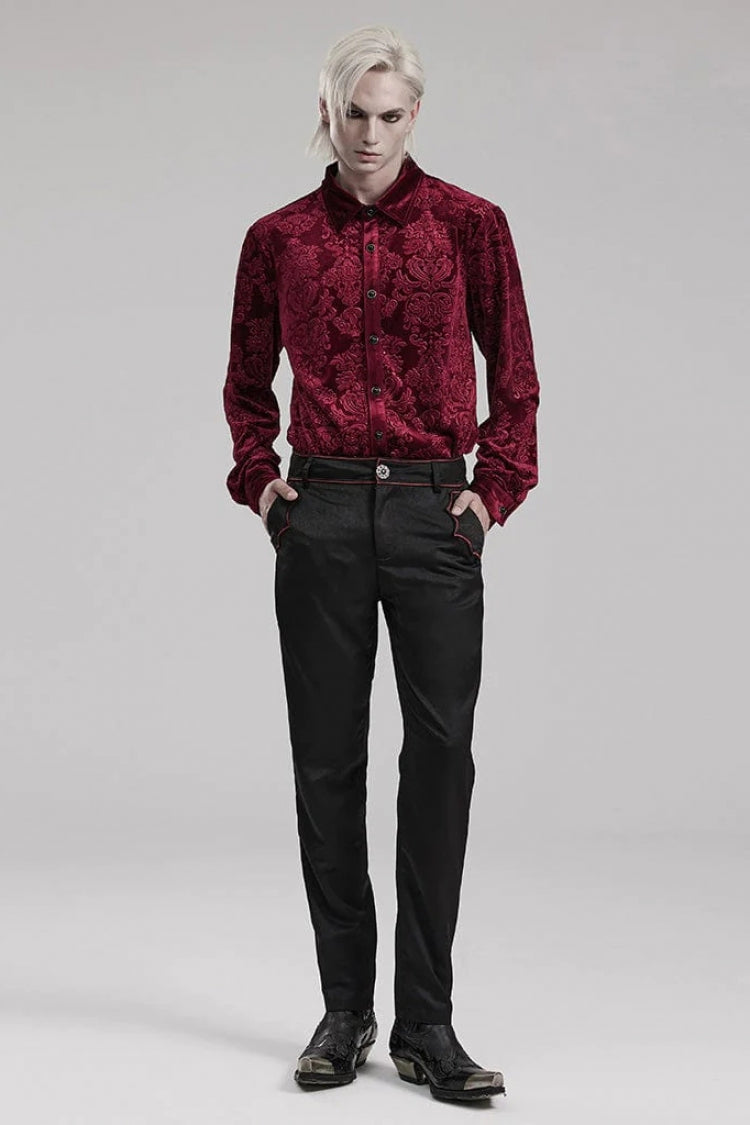 Gothic Men's Velvet Blouse with Embossed Print - Long Sleeve - Dual Colors