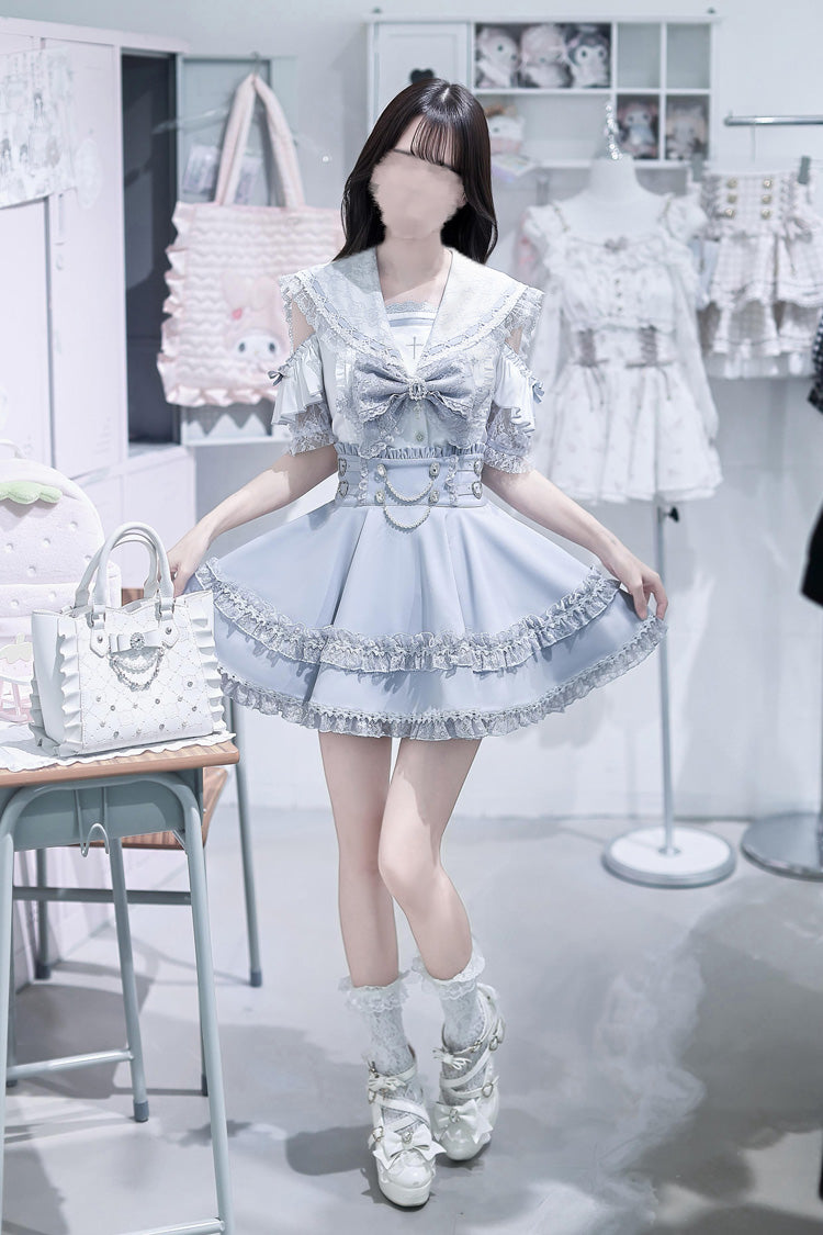 Apprentice Witch Off Shoulder Navy Collar Short Sleeves Ruffled Bow Lace Pearl Detail Classic Jirai Kei Japanese Skirt Set