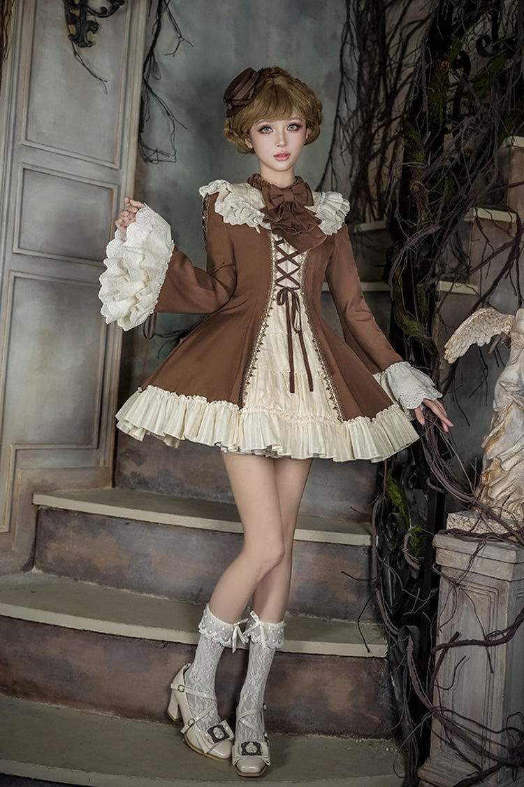 Sweet Lolita Dress Set with Trumpet Sleeves and Bowknot Lace-Up
