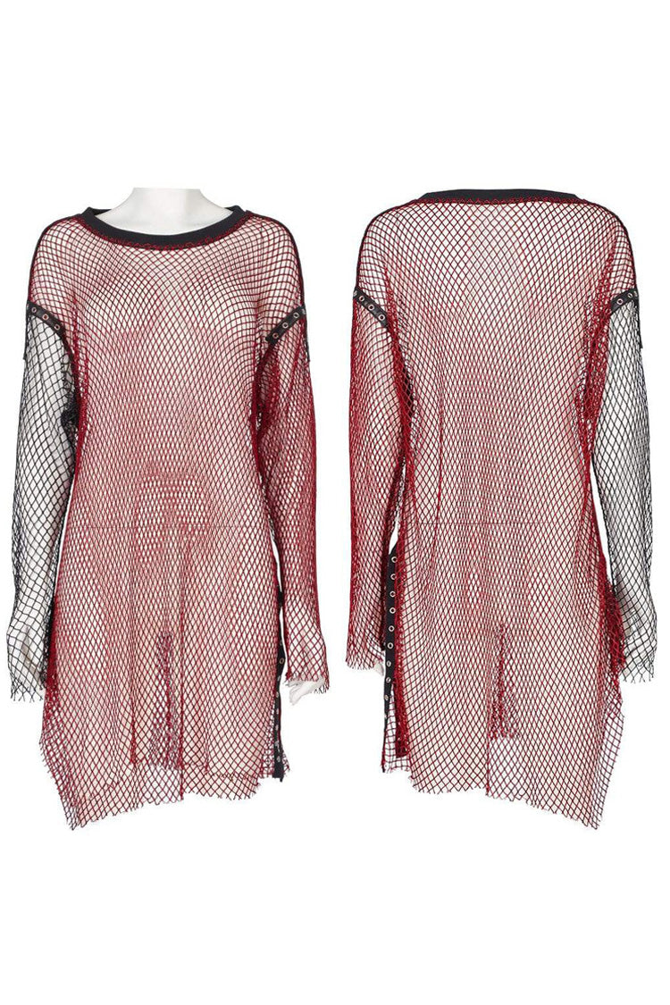 Burgundy Sheer Paneled Punk Shirt with Asymmetric Hem and Grommets