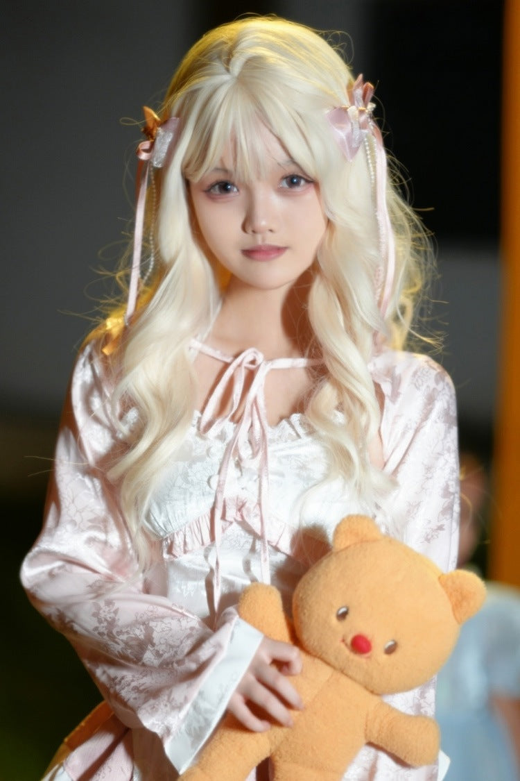 Walnut Blonde Blunt Bangs Long Curly Wig Japanese Sweet Lolita Style