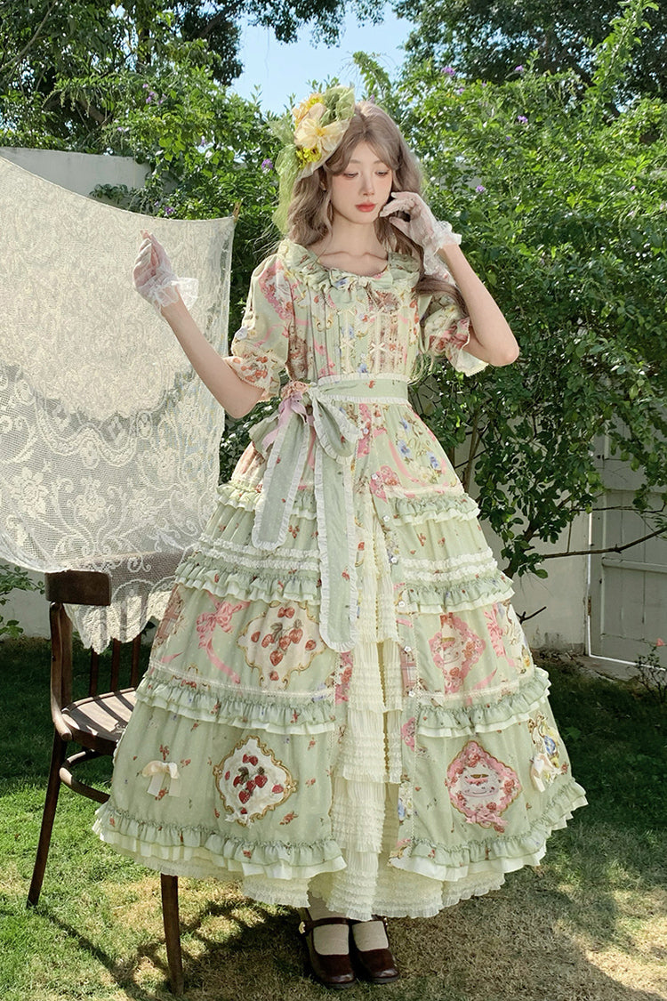 Emerald Cat Rose Tea Short Sleeve Printed Ruffle Cardigan Bow Sweet Lolita Gown