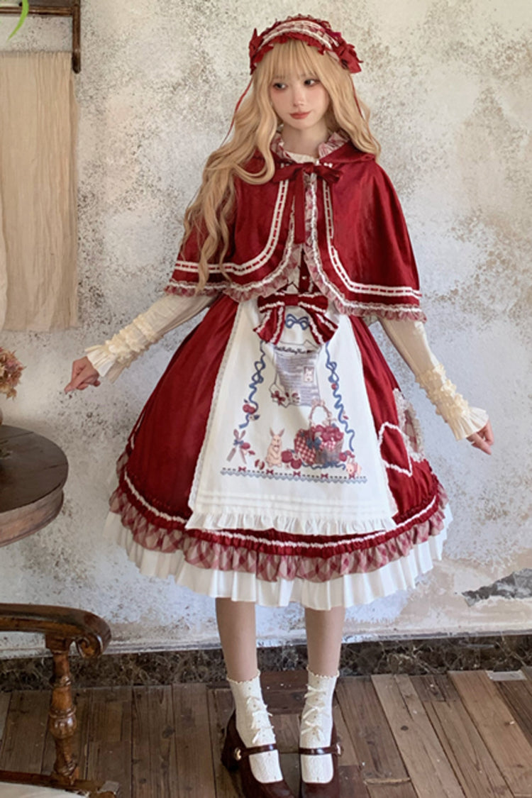Burgundy Little Red Riding Hood Ruffle Bow Sweet Lolita Jumper Dress