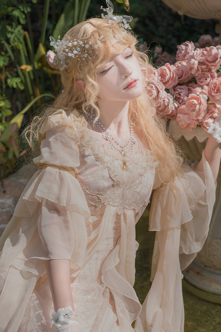 Bathing in the Light Short Sleeves Dress, Ruffle Embroidery Lace Sweet Elegant