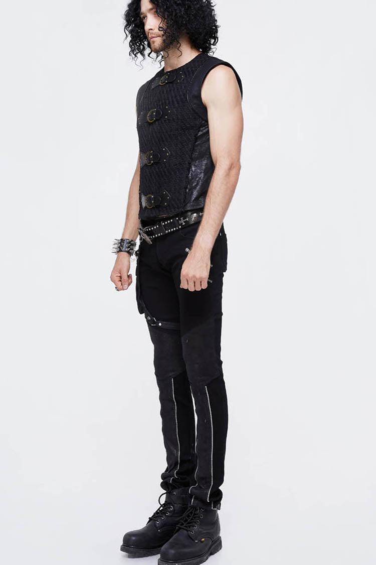 Men's Punk Waistcoat with Coarse Woolen Texture and Leather Loop Patchwork