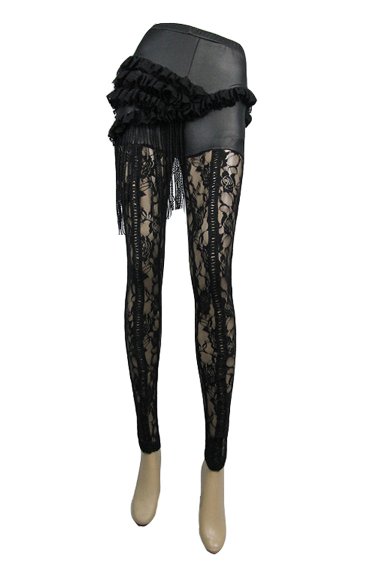 Gothic Leggings with Knitted Base Rose Flower Net and Asymmetric Lace