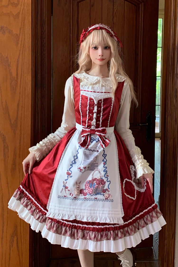 Burgundy Little Red Riding Hood Ruffle Bow Sweet Lolita Jumper Dress