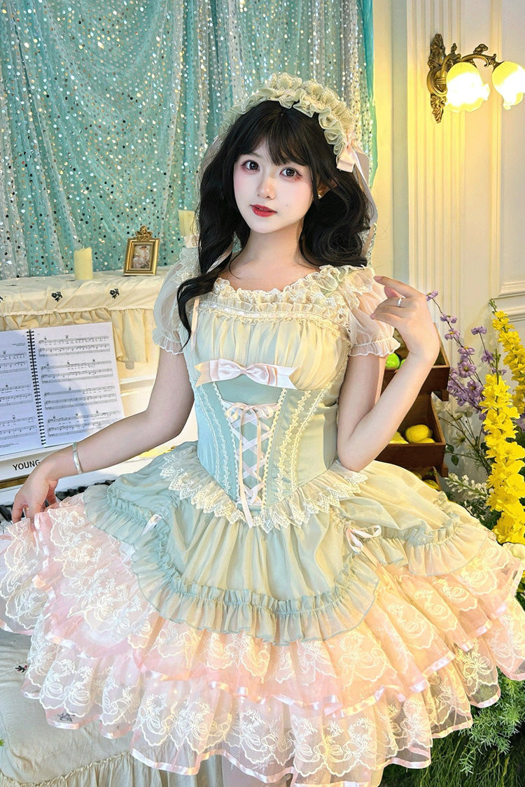 Emerald Bale Bebe Sleeveless Triple Ruffled Bow Lace-Up Sweet Ballet Lolita Gown
