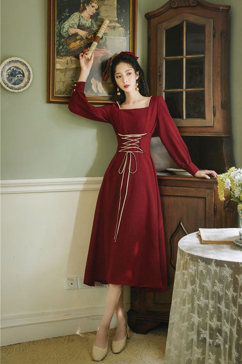 Burgundy European Manor Square Neckline Long Sleeve High Waist Classic Lolita One-Piece Dress