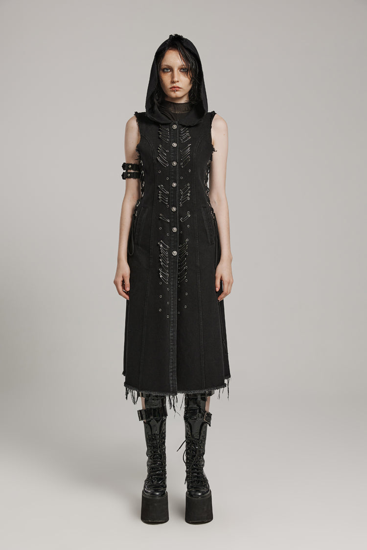 Sleeveless Hooded Vest with Drawstring and Pin Details