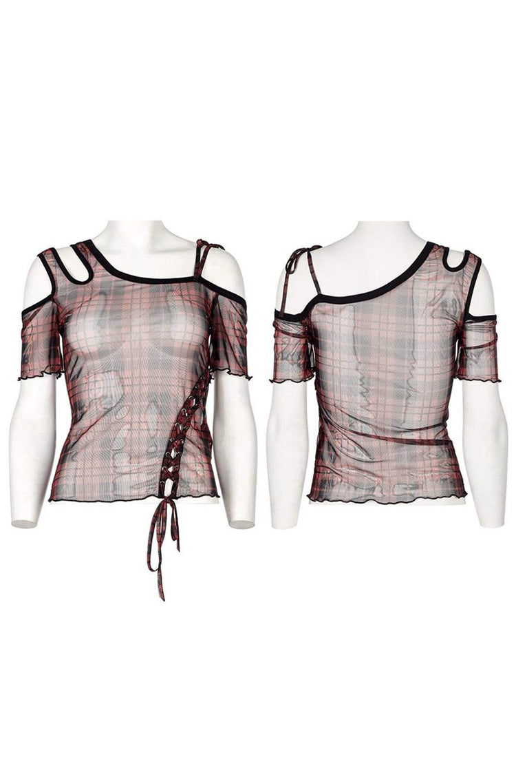 Women's Punk T-Shirt with Asymmetrical Cutout Neckline, Strap Design, Plaid Mesh