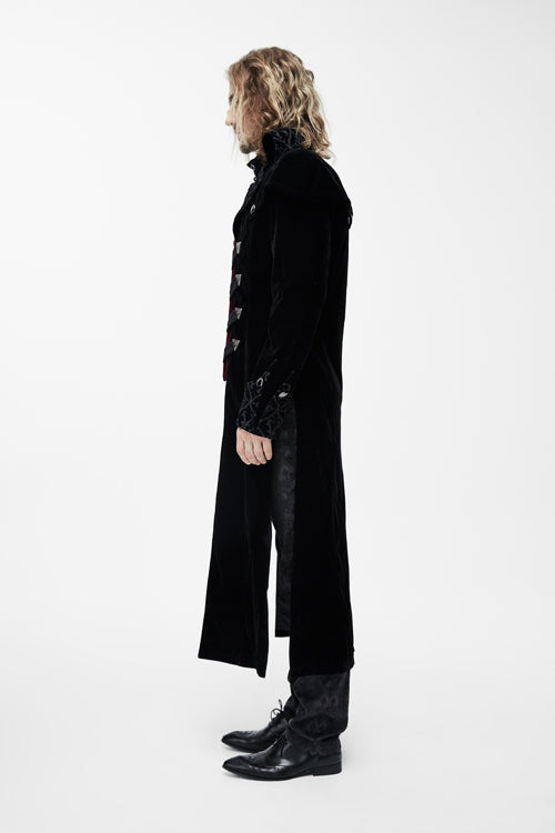 Black Patterned Shawl Collar Men's Velveteen Long Coat Gothic Western