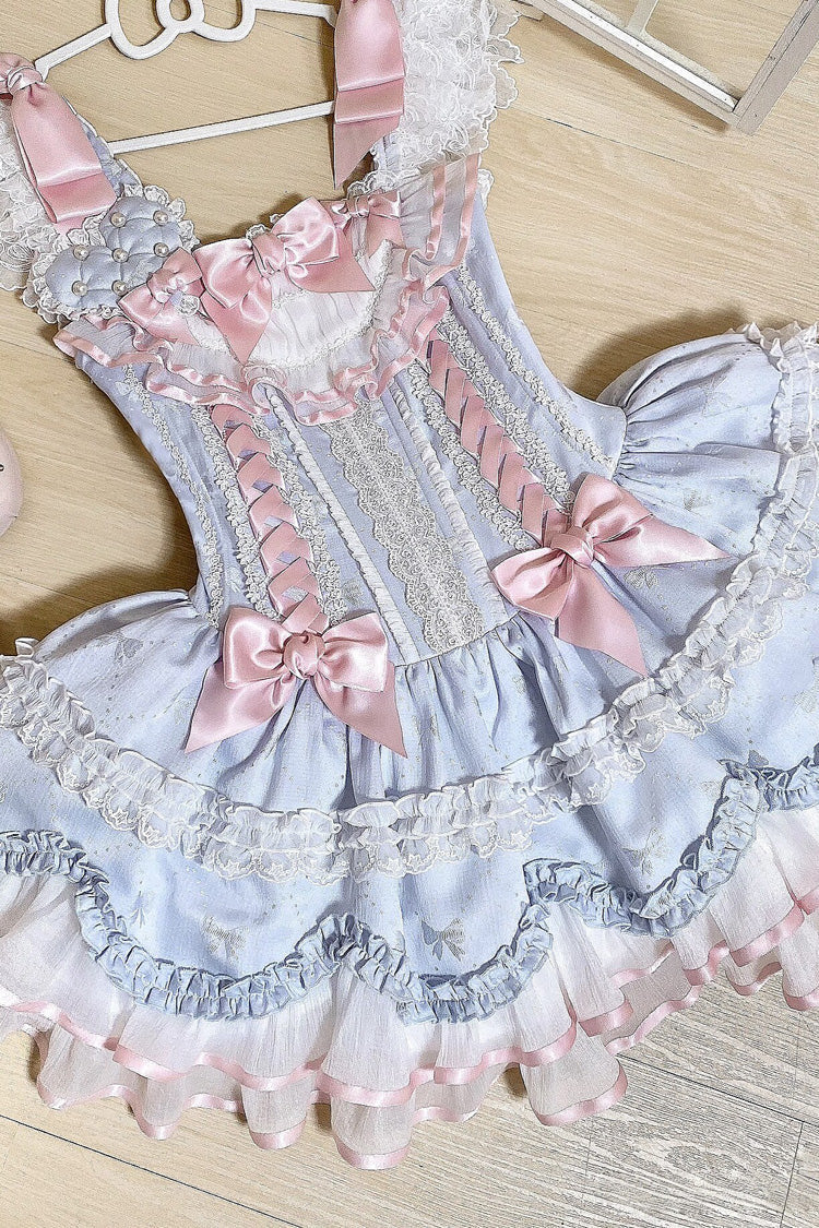 Azure Triple Ruffled Bow Lace-Up Slim Ballet Sweet Lolita Outfit