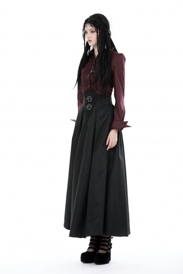 Burgundy Turn-Down Collar Ruffled Long Sleeve Gothic Women's Blouse