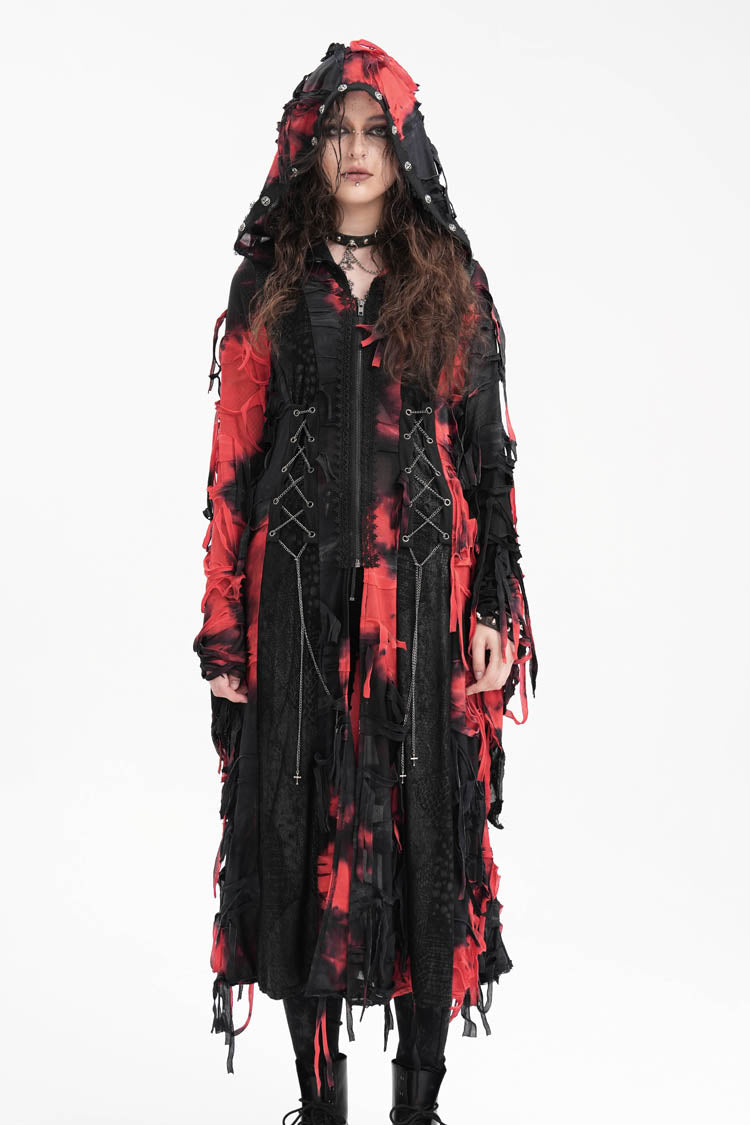 Crimson & Noir Long Sleeve Lace Distressed Zippered Punk Coat