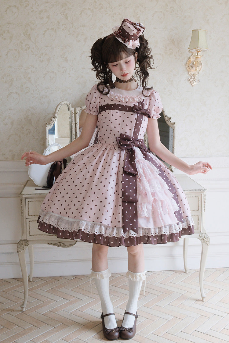 Canelé Gift Box Round Collar Short-Sleeve Polka Dot Ruffle Open Bow Asymmetric Lolita Dress