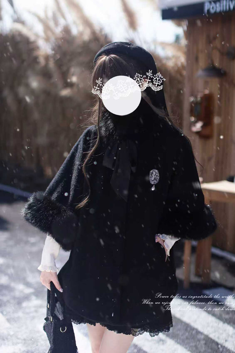 Japanese Lolita Fluffy Cloak Coat with Lace and Extended Sleeves