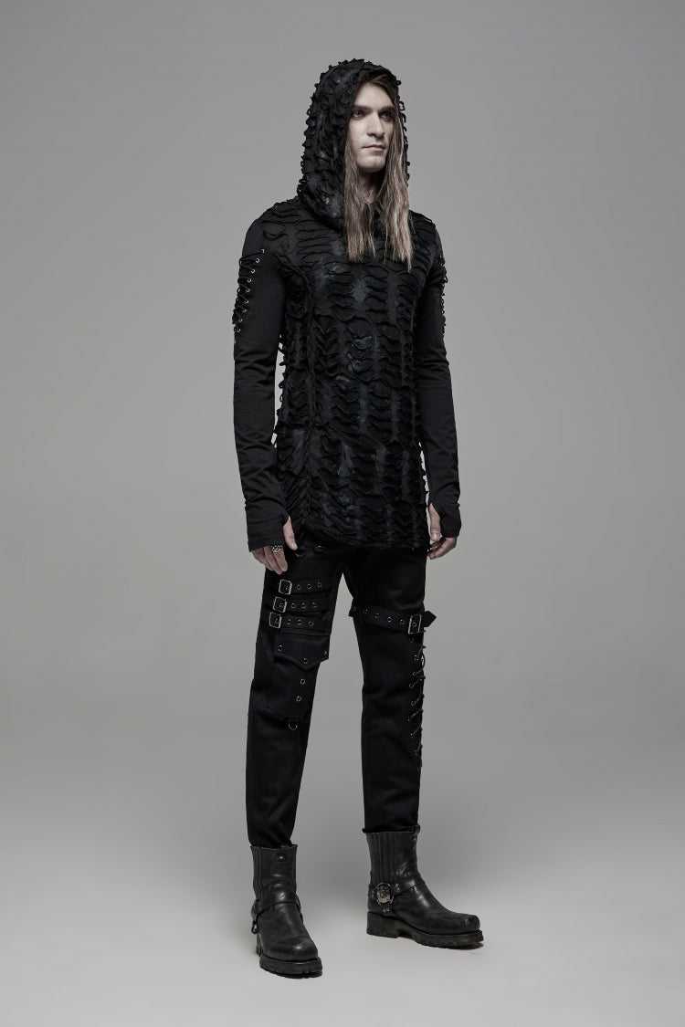 Gothic Cool Tee for Men with Lace-Up, Hood, Rips, and Pleats, Extended Sleeves