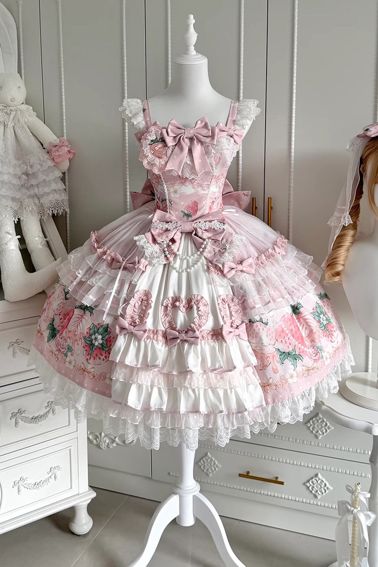 Berry Sweet Wish Square Collar JSK Set, Pearl Decorated Bow Lace Ruffled Print