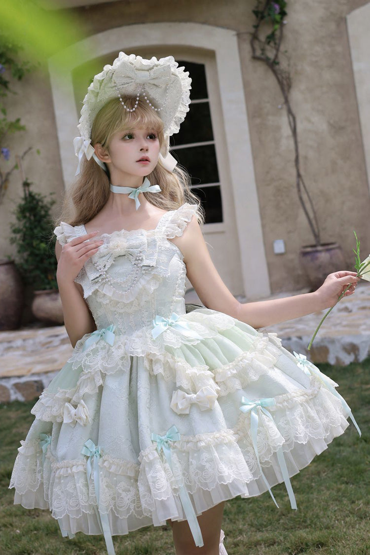 Emerald Blossoming Heart Love Sleeveless Dark Jacquard Print Bow Lace Sweet Lolita Jumper