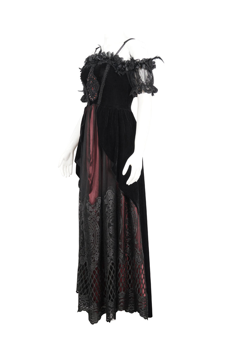 Crimson Gothic Dress with High Waist and Floral Lace Print